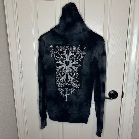 Y2K Rock & Roll Cowgirl Blue & Black Tie Dye Bling Cross Zip Up Jacket Sz M - Picture 3 of 12